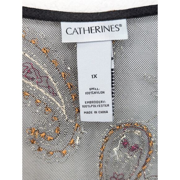 Catherines Plus Size Boho Sheer Open Front Top Size 1X Embroidery Black Paisley - Picture 9 of 12